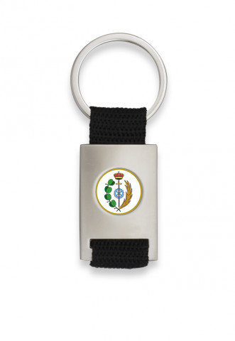 Chrome plated rectangle shaped keychain with black ribbon