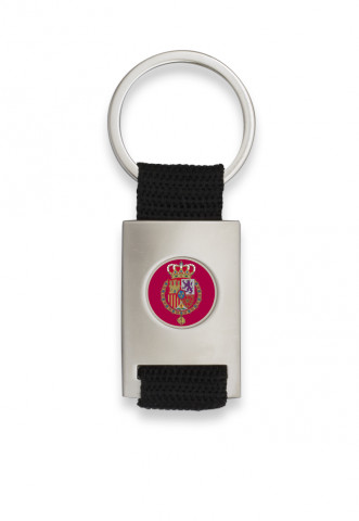 Chrome plated rectangle shaped keychain with black ribbon
