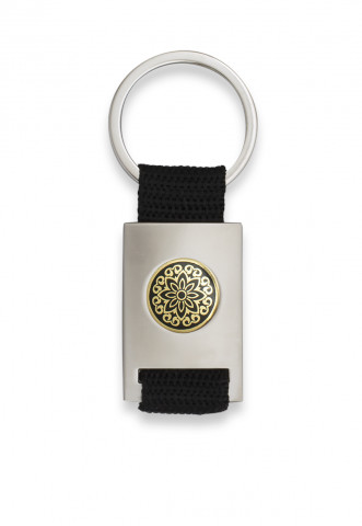 Chrome plated rectangle shaped keychain with black ribbon
