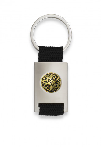 Chrome plated rectangle shaped keychain with black ribbon