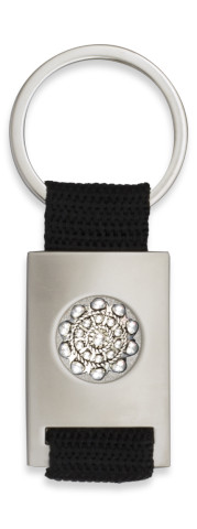 Chrome plated rectangle shaped keychain with black ribbon