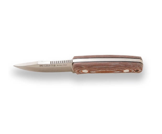 Cuchillo enterizo Erizo TS1 con mango de micarta marrón y funda de kydex con pedernal