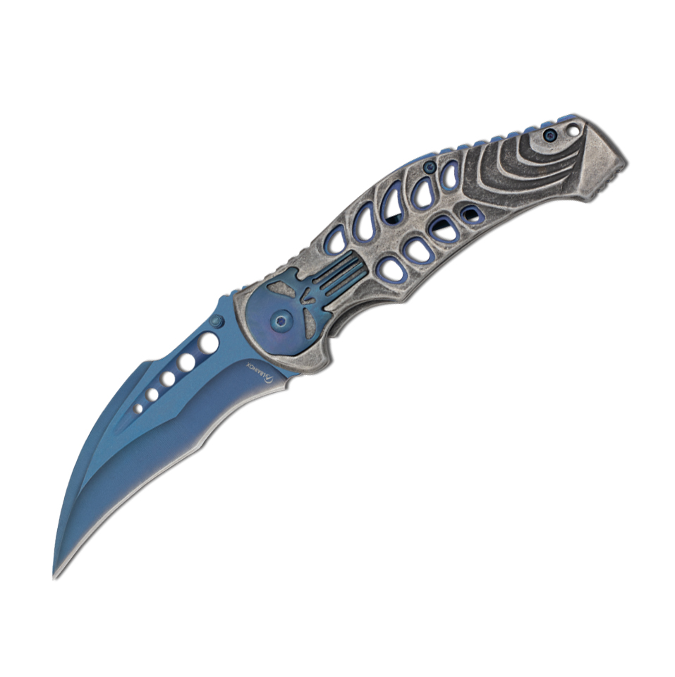 Gebogenes Klappmesser mit 9 cm langer blauer Klinge und Totenkopf