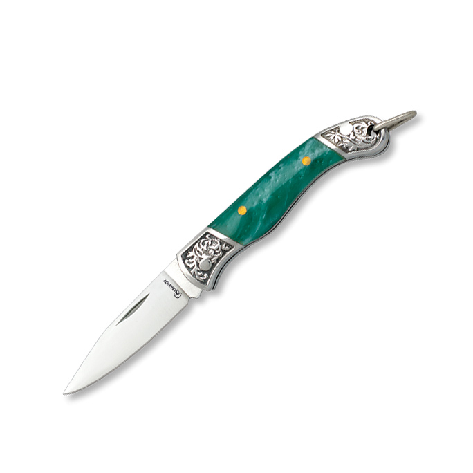 Navaja miniatura con mango de acrílico verde y hoja de acero inox...