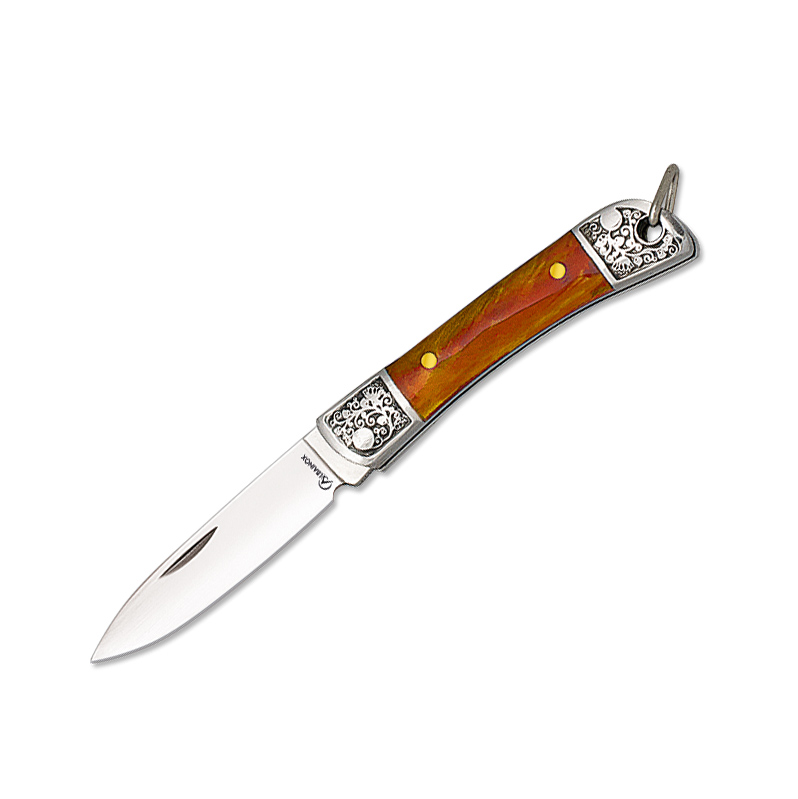 Navaja miniatura con mango de acrílico naranja y hoja de acero in...