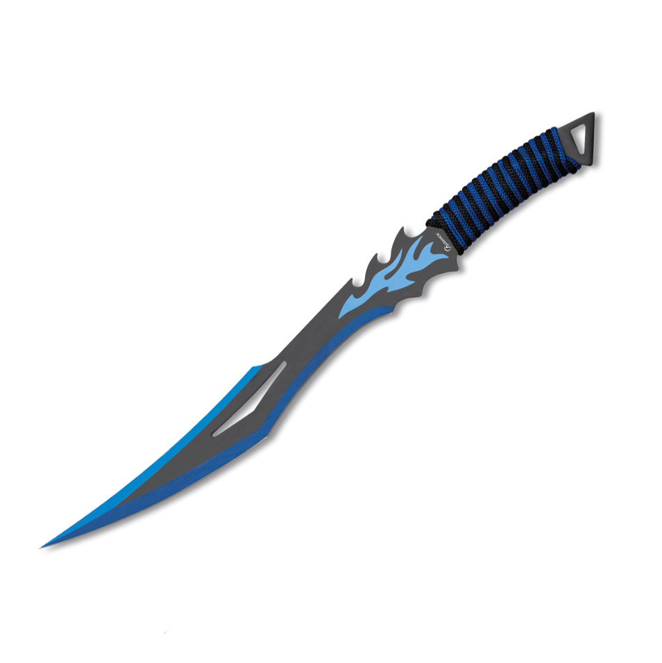 Machete táctico con hoja negra y azul de 37.5 cm y mango encordad...