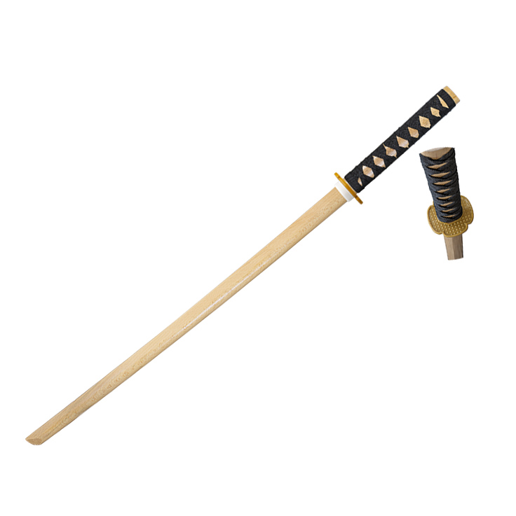 Katana d'entraînement en bois avec manche à cordes noires et tsub...