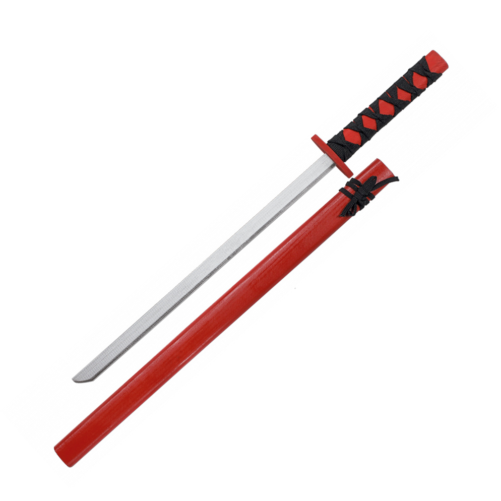 Katana en bois avec manche rouge et cordage noir et d'une longueu...