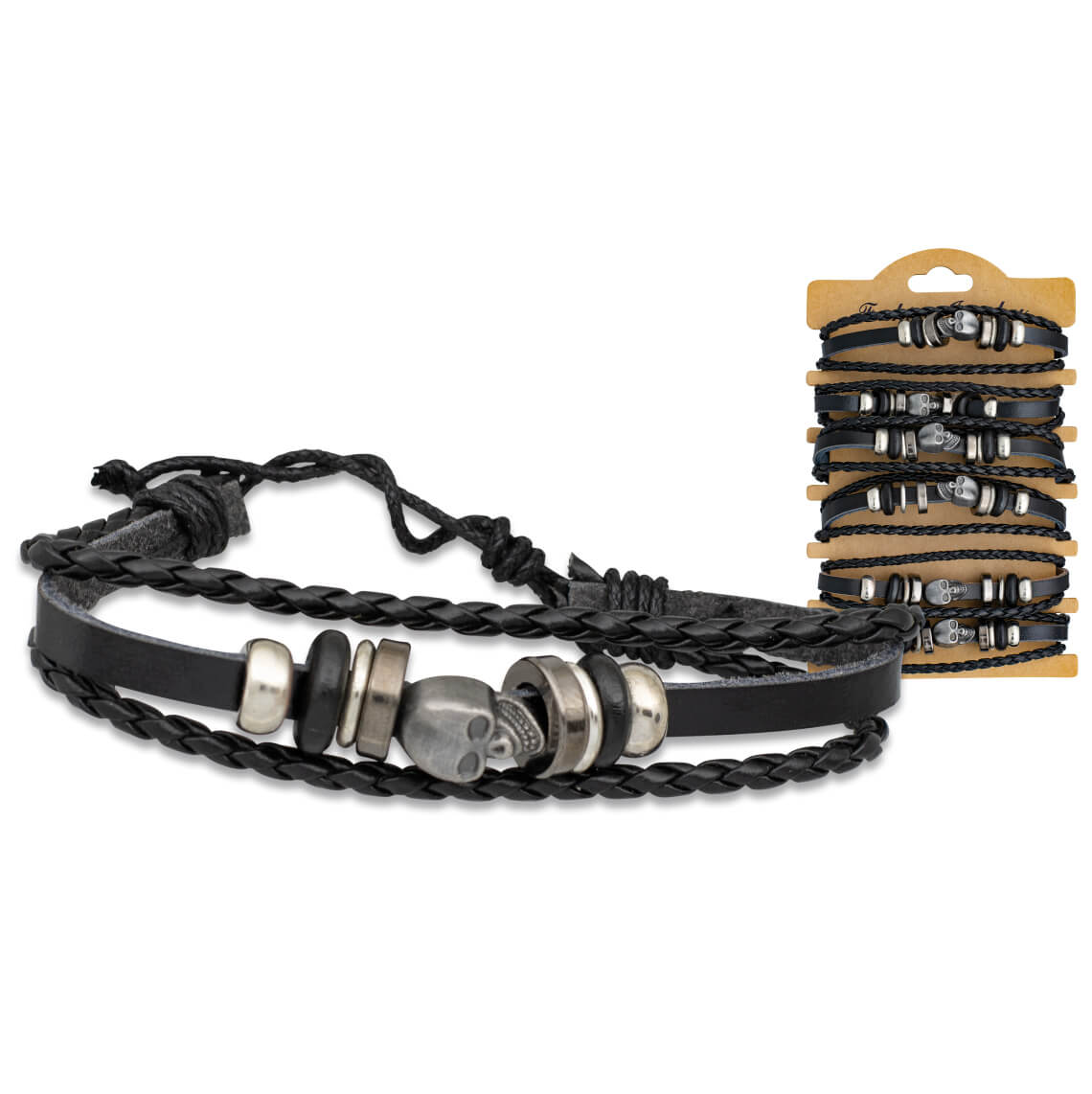 Lot de 6 bracelets en simili cuir noir avec tête de mort