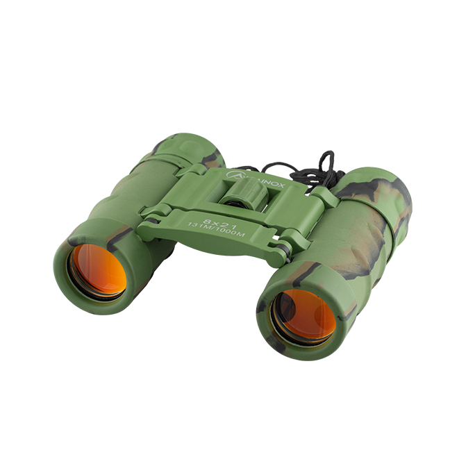Binóculo verde camuflado com lentes rubi com ampliação 8x21