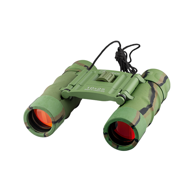 Binóculo verde camuflado com lentes rubi de ampliação 10x25