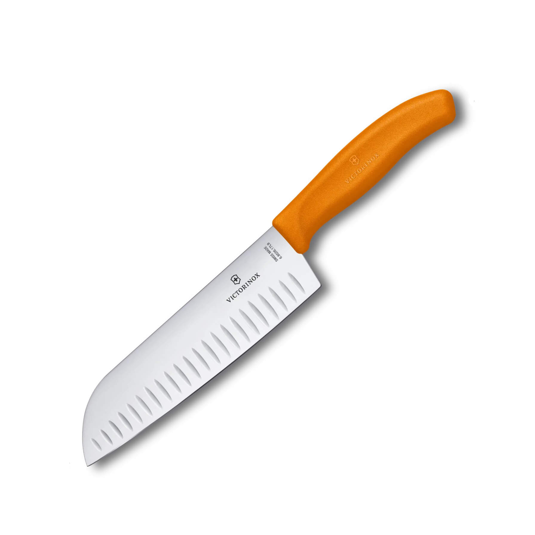 Cuchillo Santoku alveolado Victorinox de mango naranja con hoja d...