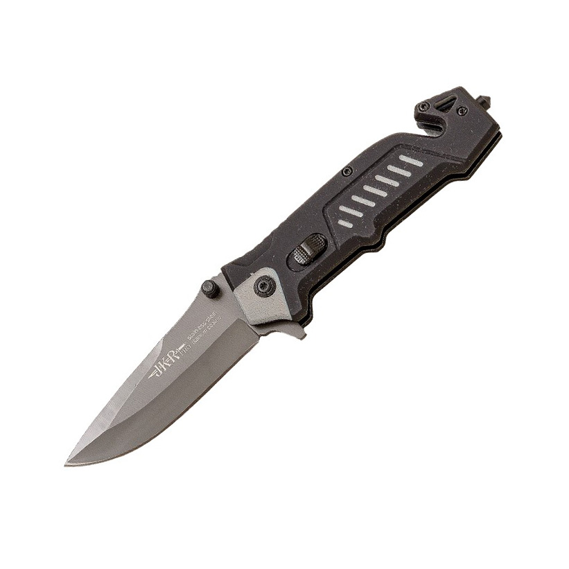 Couteau tactique JKR PRO avec manche en aluminium caoutchouté noi...