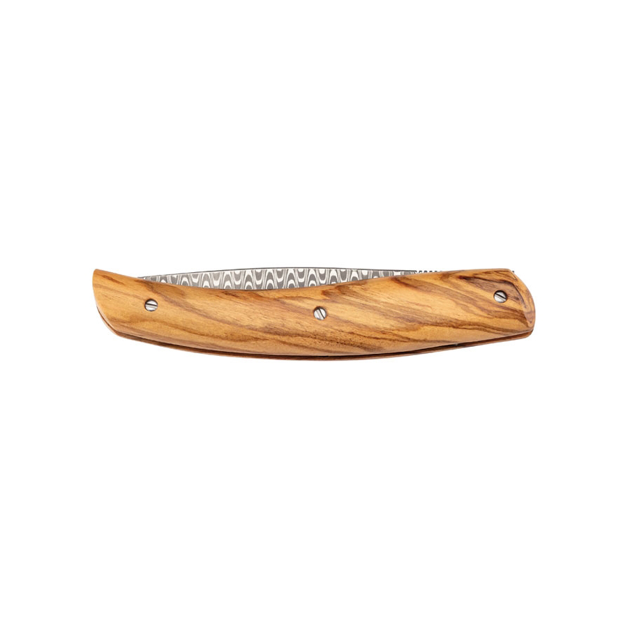 Navaja de bolsillo con hoja de acero damasco de 8.2 cm y mango de madera de olivo