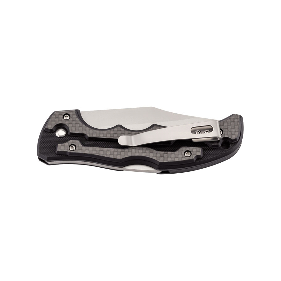 Navaja táctica con hoja clip point de 8.7 cm y mango negro de G10 y fibra de carbono