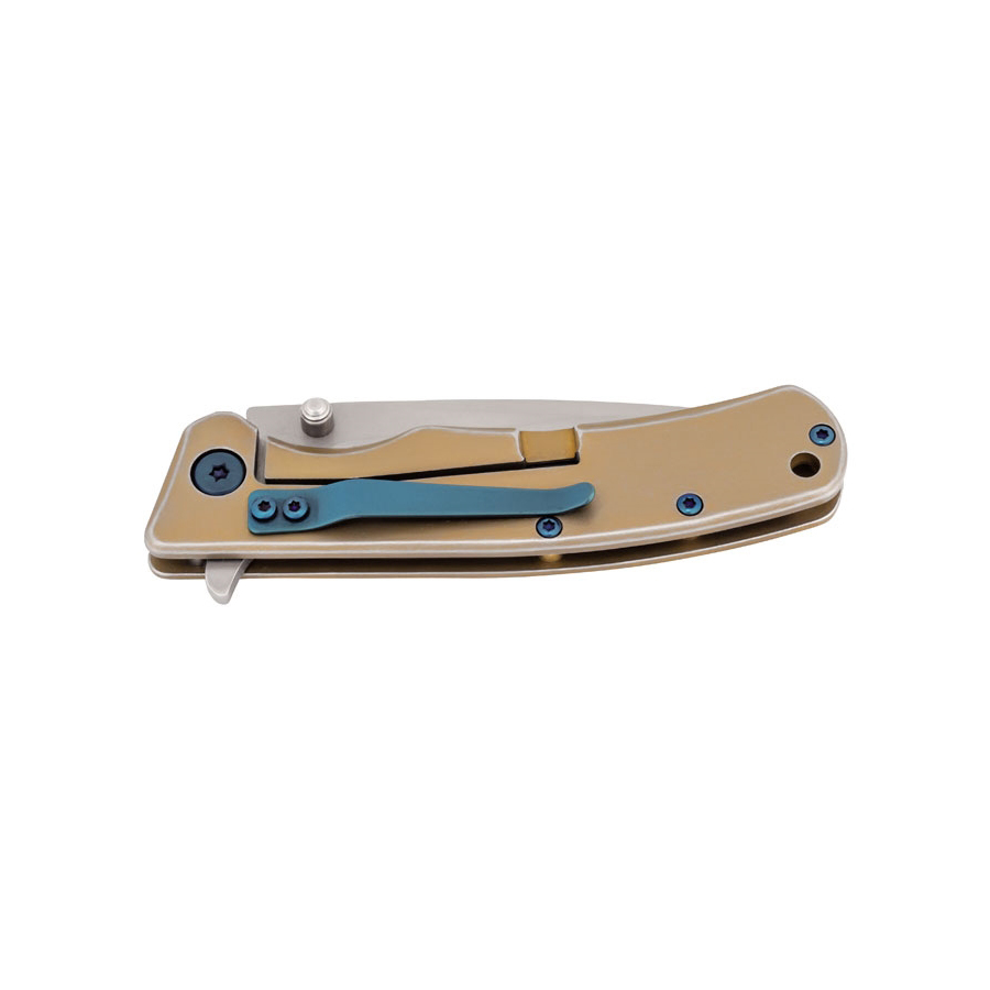 Navaja táctica con hoja drop point de 7.5 cm y mango de acero inoxidable dorado