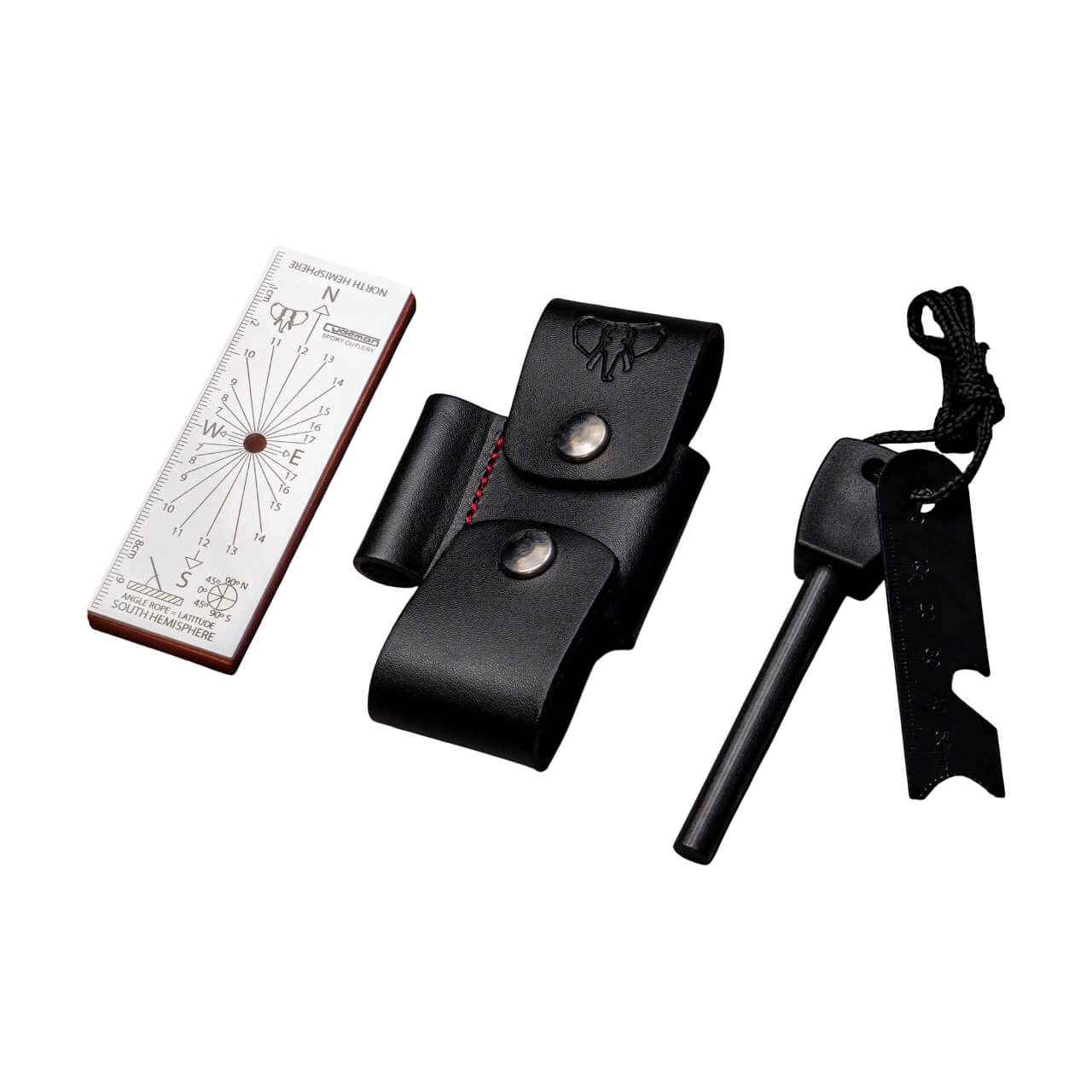 Coupleur Cudeman en cuir noir et tissu rouge avec accessoires. 10 cm