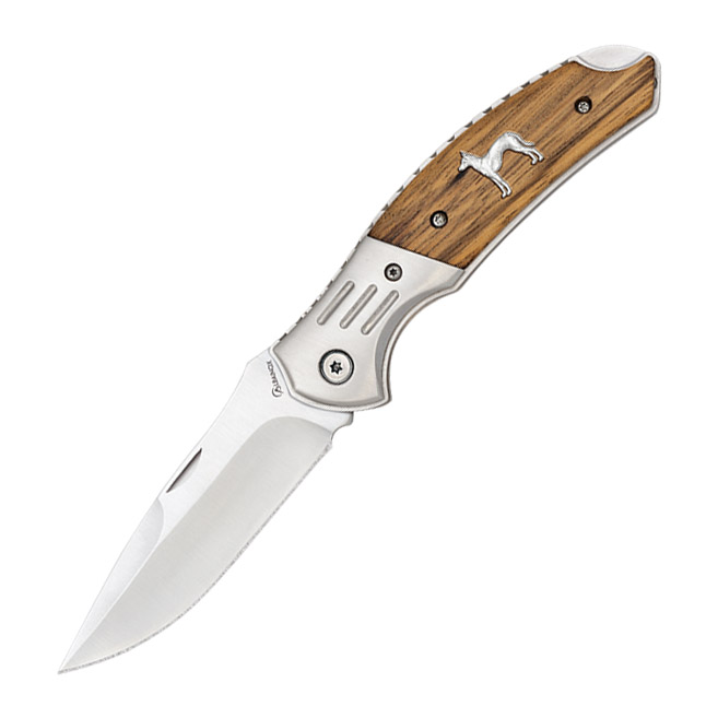 Taschenmesser mit Holzgriff und Jagdhund-Inlay