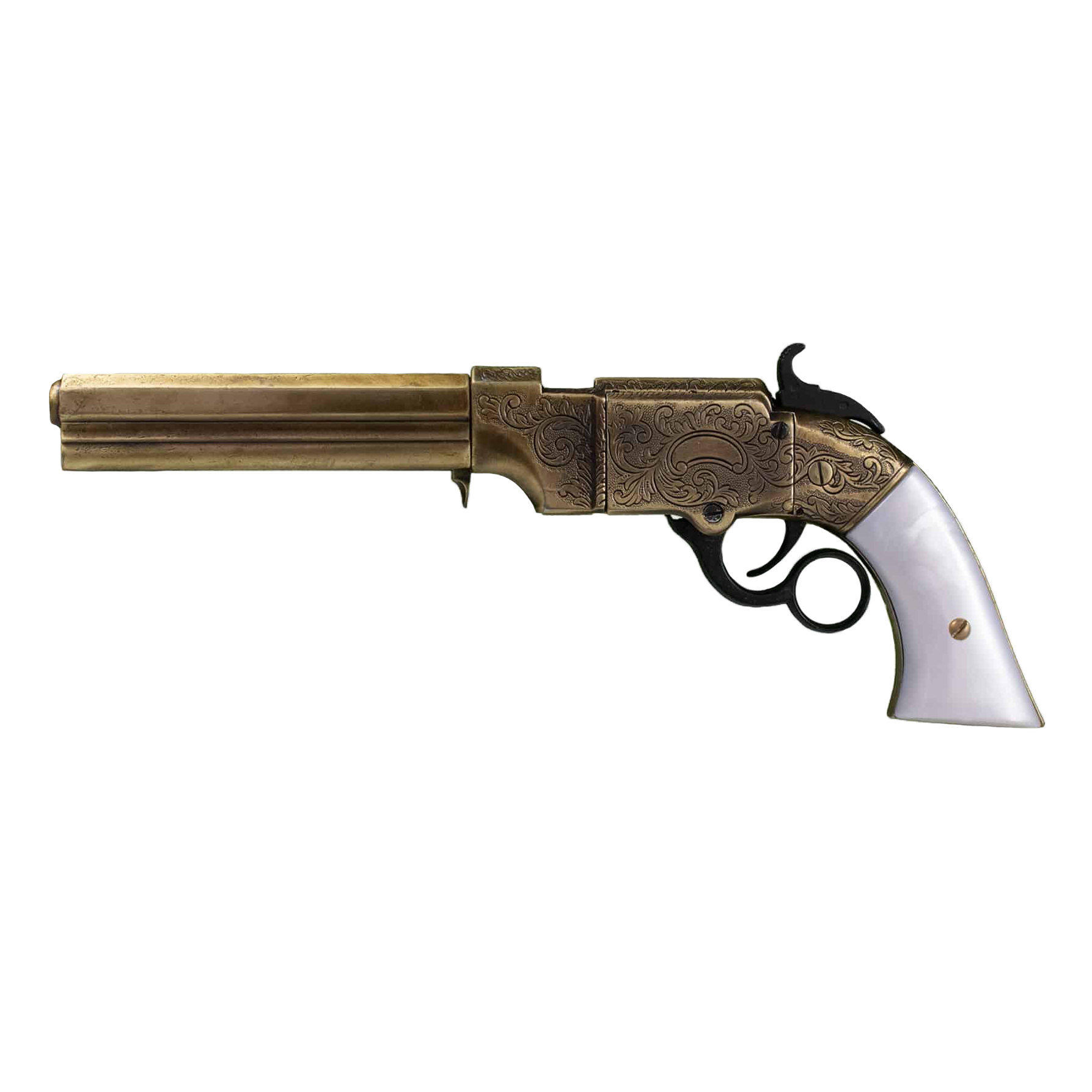 Réplica da pistola Volcanic 1854 com acabamento em latão e madrep...