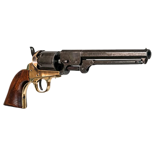 Réplica Colt Navy 1851 com cabos de madeira, metal preto e latão
