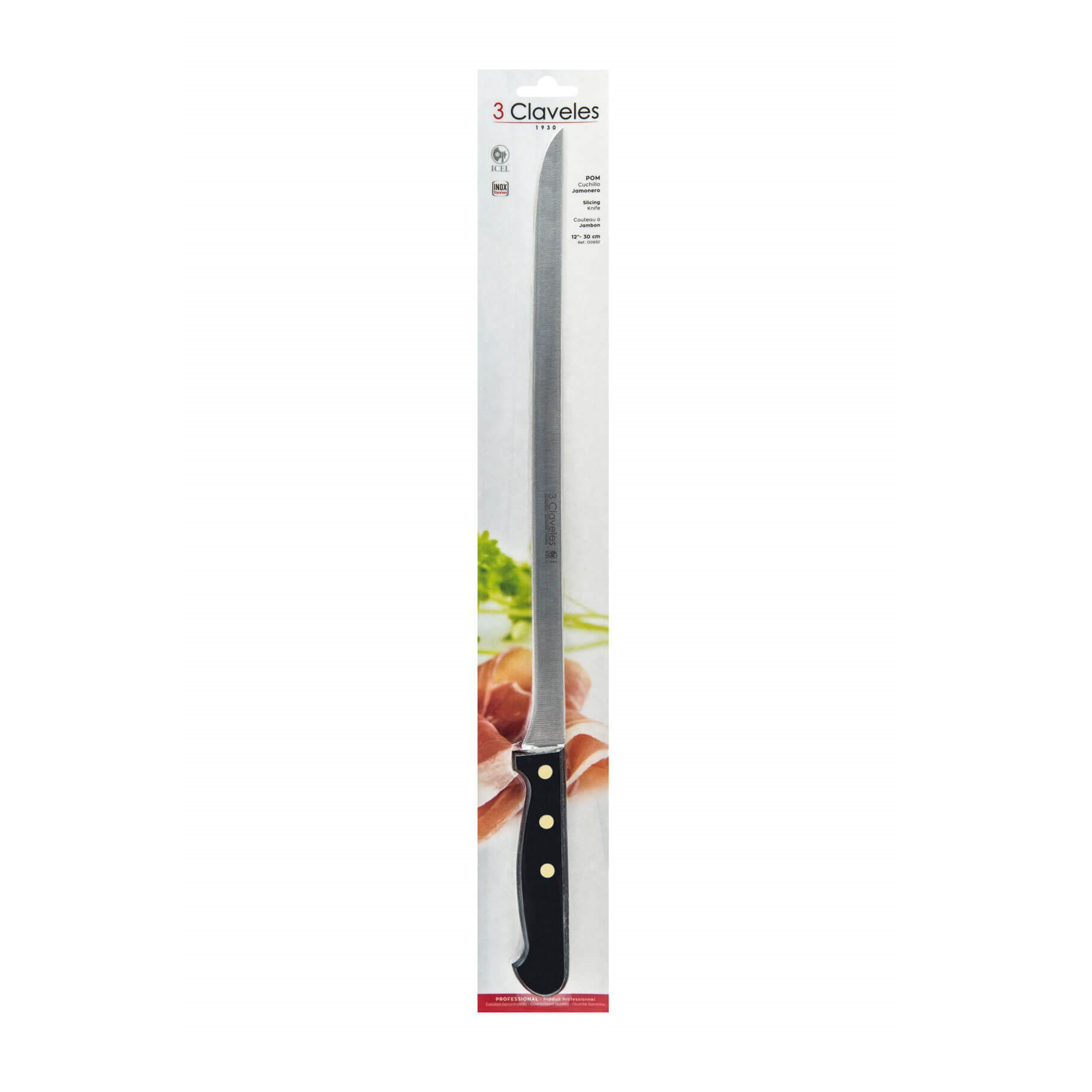 Cuchillo jamonero con mango pom y hoja de 30 cm 3 Claveles presentación en caja