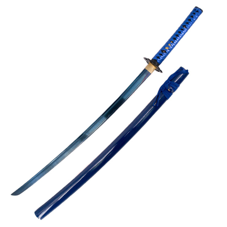 Funktionelles blaues Katana mit Präsentationsbox und Halterung