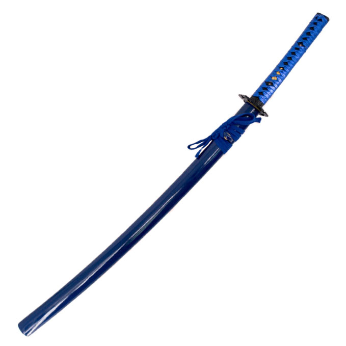 Funktionelles blaues Katana mit Präsentationsbox und Halterung