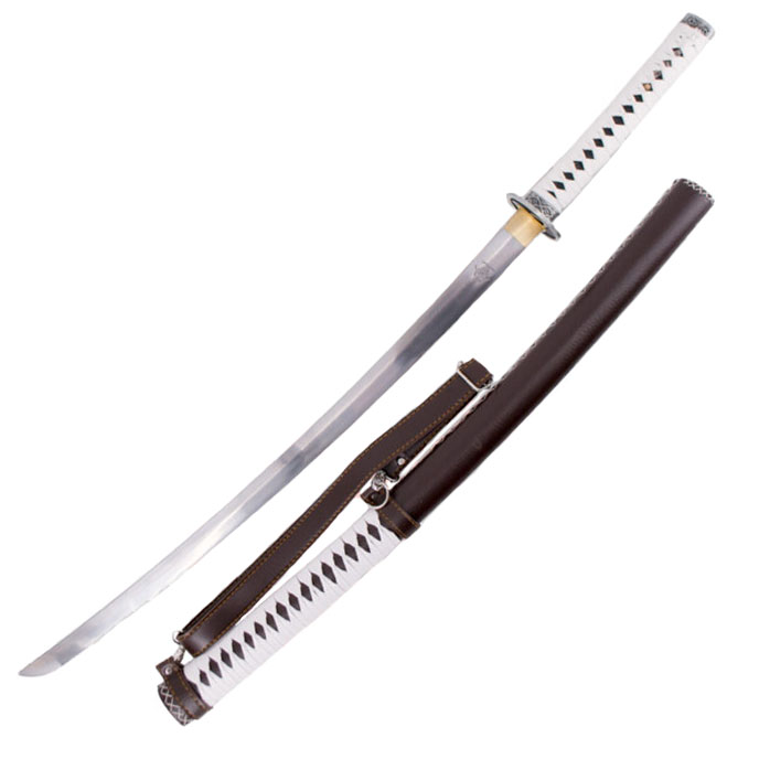 Funktionelles Katana mit roter Scheide mit Drachen und rotem Grif...