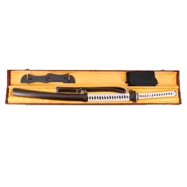 Funktionelles Katana mit roter Scheide mit Drachen und rotem Griff