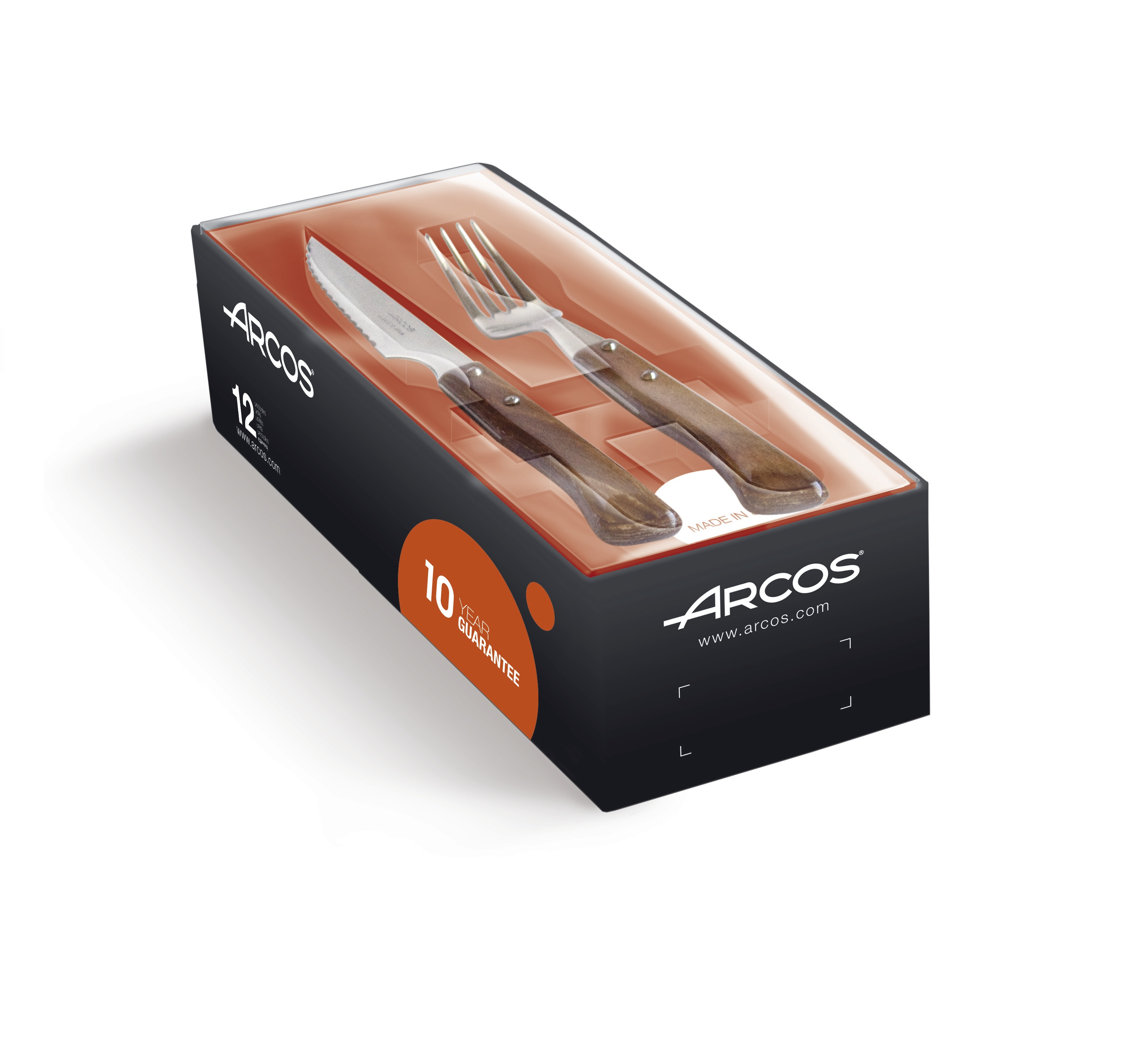 Set mit 6 Steakmessern und 6 Arcos-Gabeln mit Holzgriffen