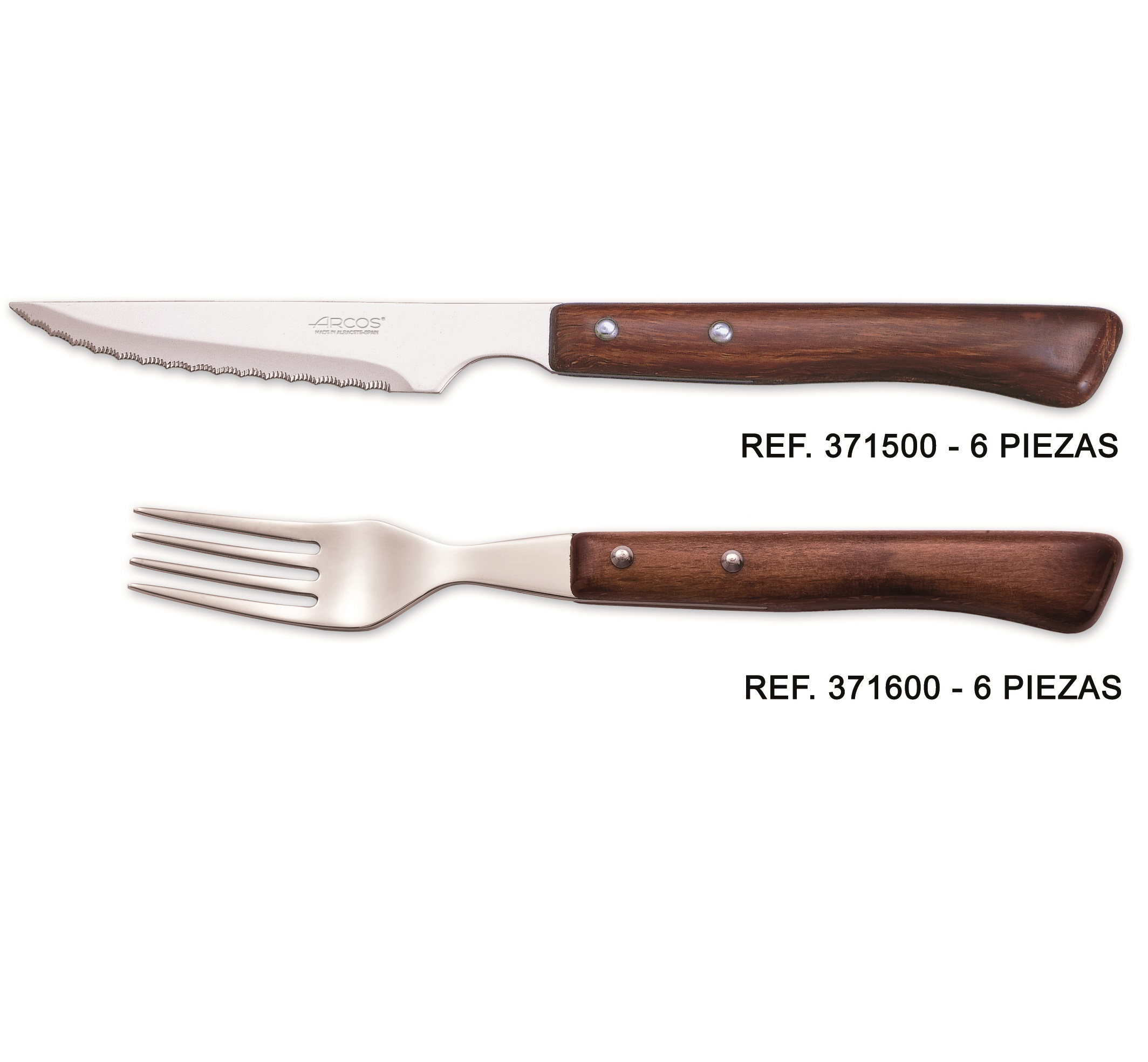 Set mit 6 Steakmessern und 6 Arcos-Gabeln mit Holzgriffen