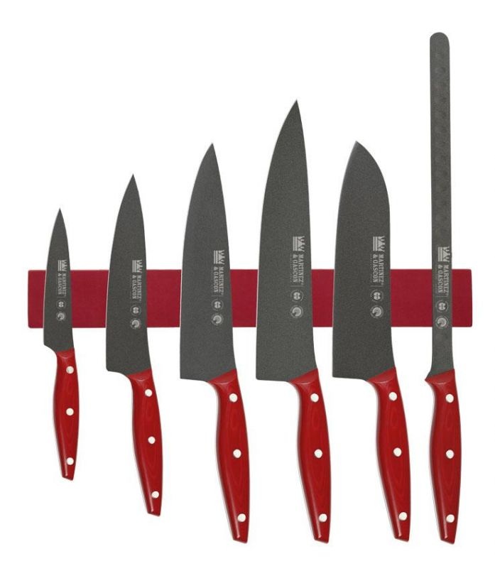 Ensemble magnétique Martínez y Gascón avec 6 couteaux de chef en téflon et manches en Micarta rouge
