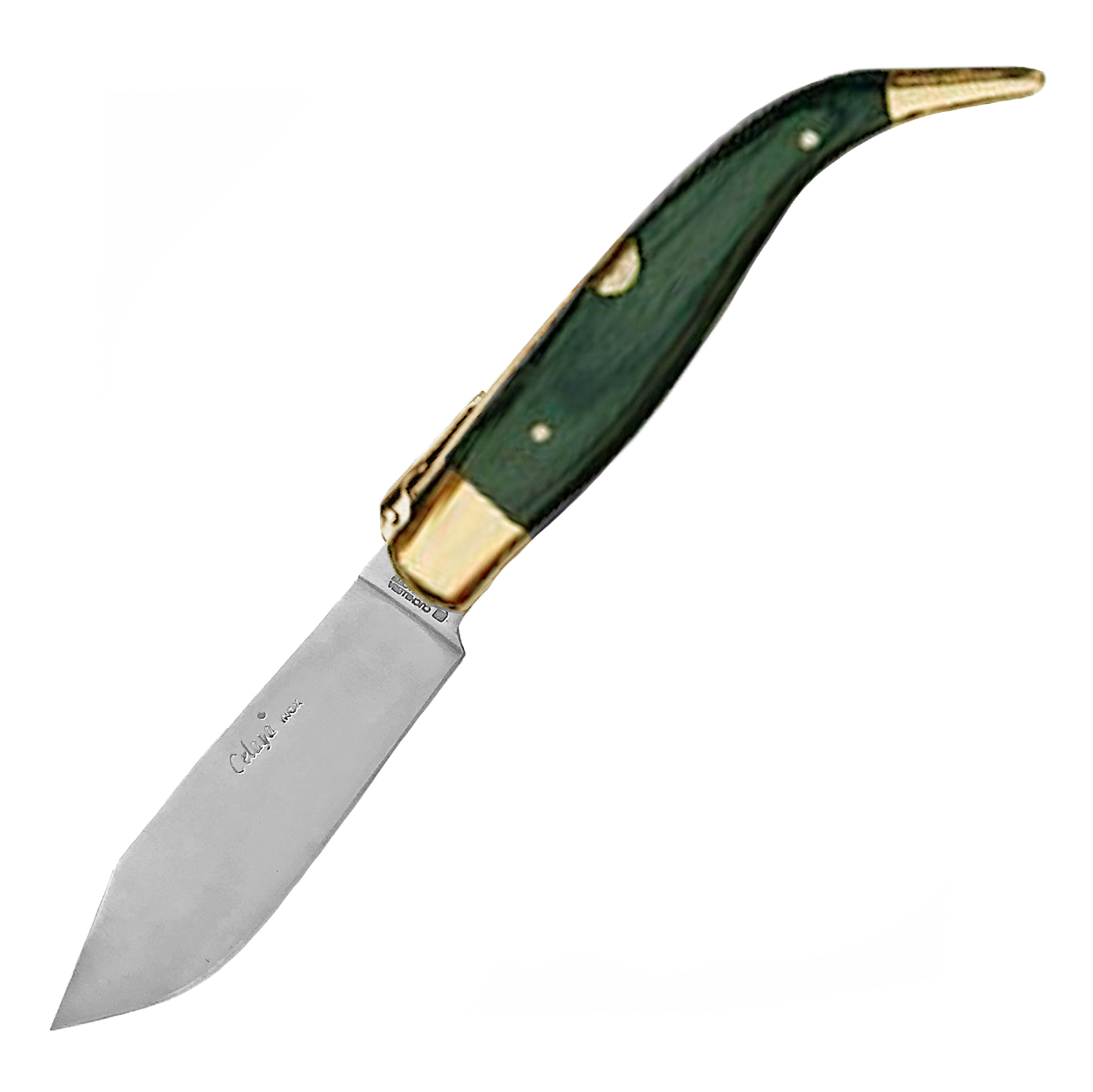 Pastora artisan penknife with green wooden handle and brass ferru...