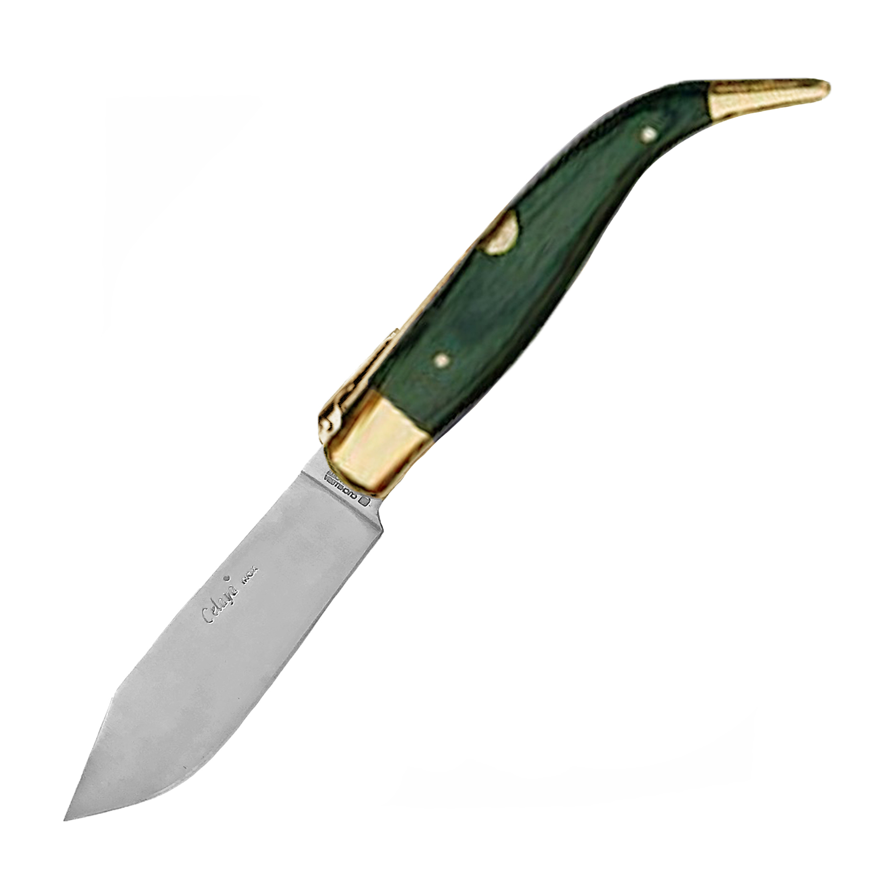 Pastora handgefertigtes Messer mit grünem Holzgriff und Messingzw...