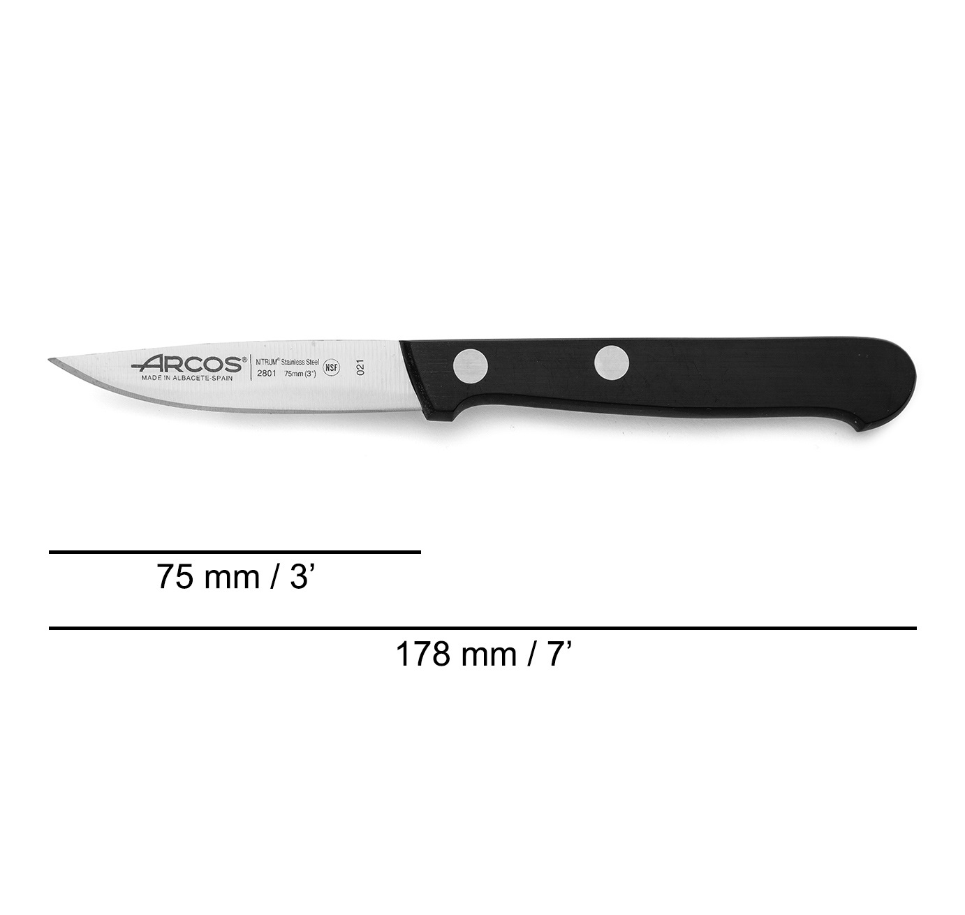 Couteau d'office étroit Arcos Universal 75 mm avec manche en polyoxyméthylène noir