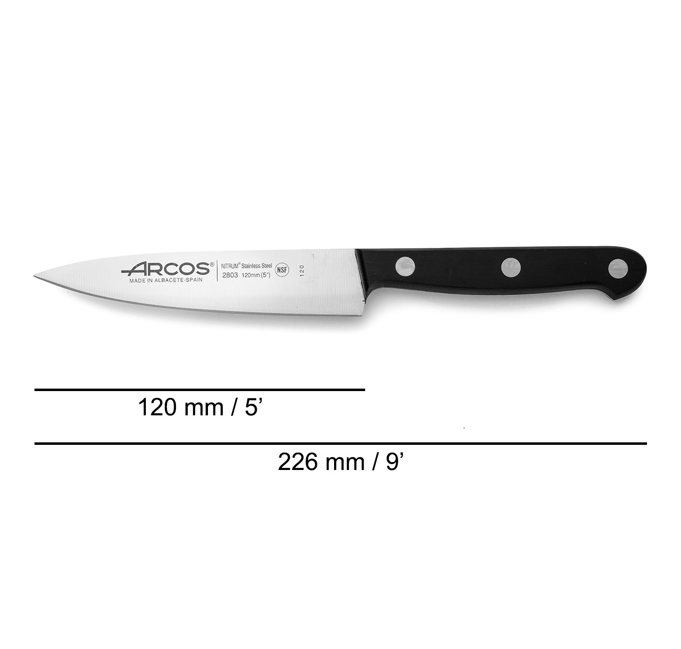 Couteau de chef Arcos Universal avec manche en polyoxyméthylène noir et lame large de 120 mm