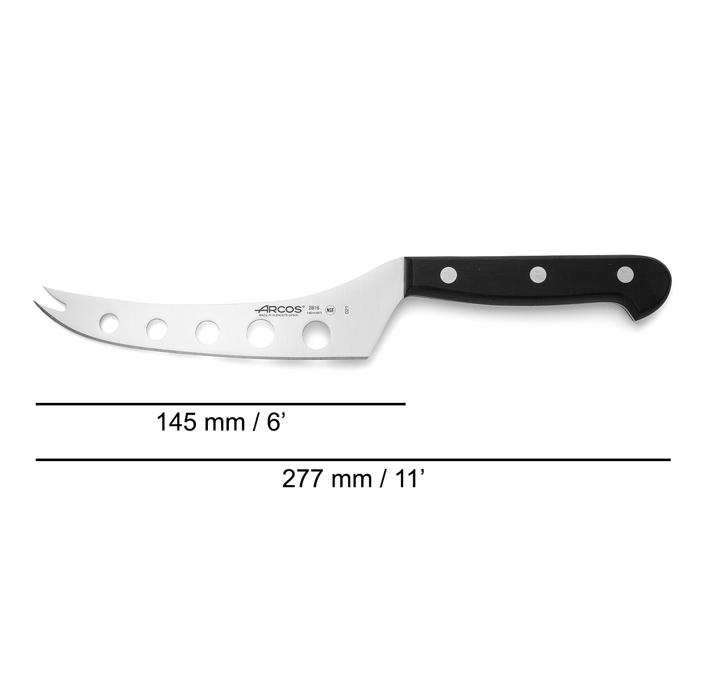 Couteau à fromage universel Arcos avec manche en polyoxyméthylène noir et lame perforée de 145 mm
