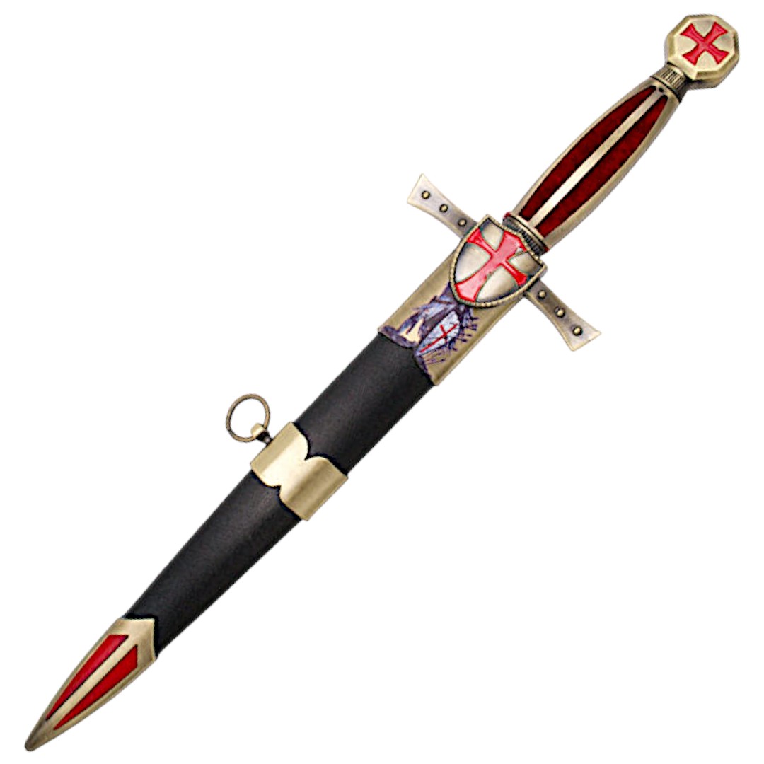 Adaga Templária com lâmina de 22 cm e cabo vermelho com botão e guarda em bronze antigo