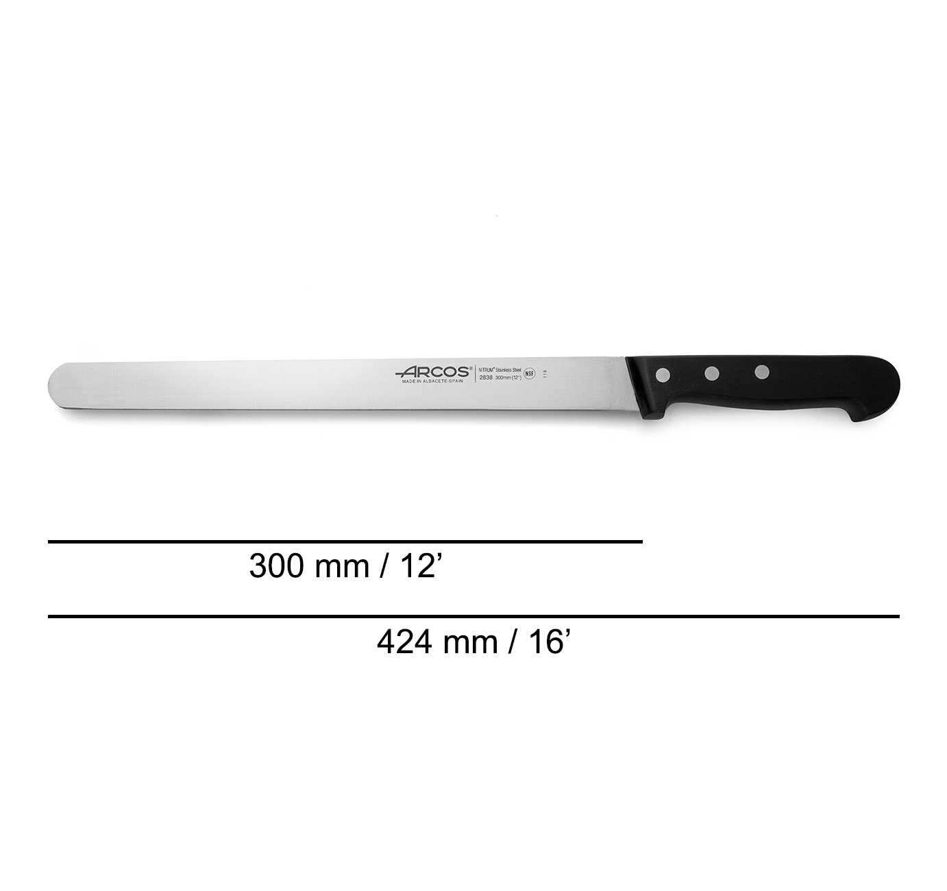 Couteau de charcuterie Arcos à lame large de 30 cm, série universelle, pointe ronde, manche noir
