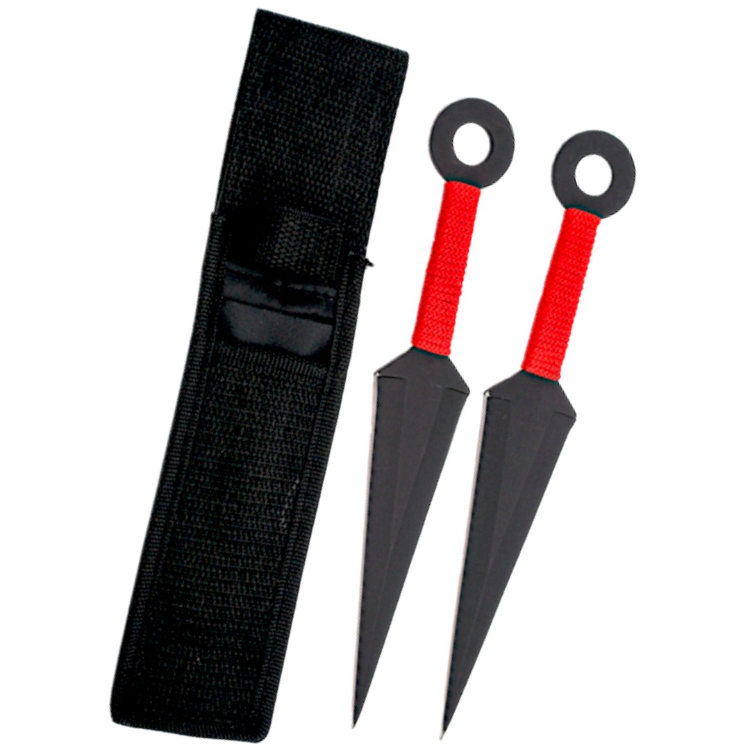 Coffret de 2 couteaux de lancer noirs avec manche en fil rouge 10465