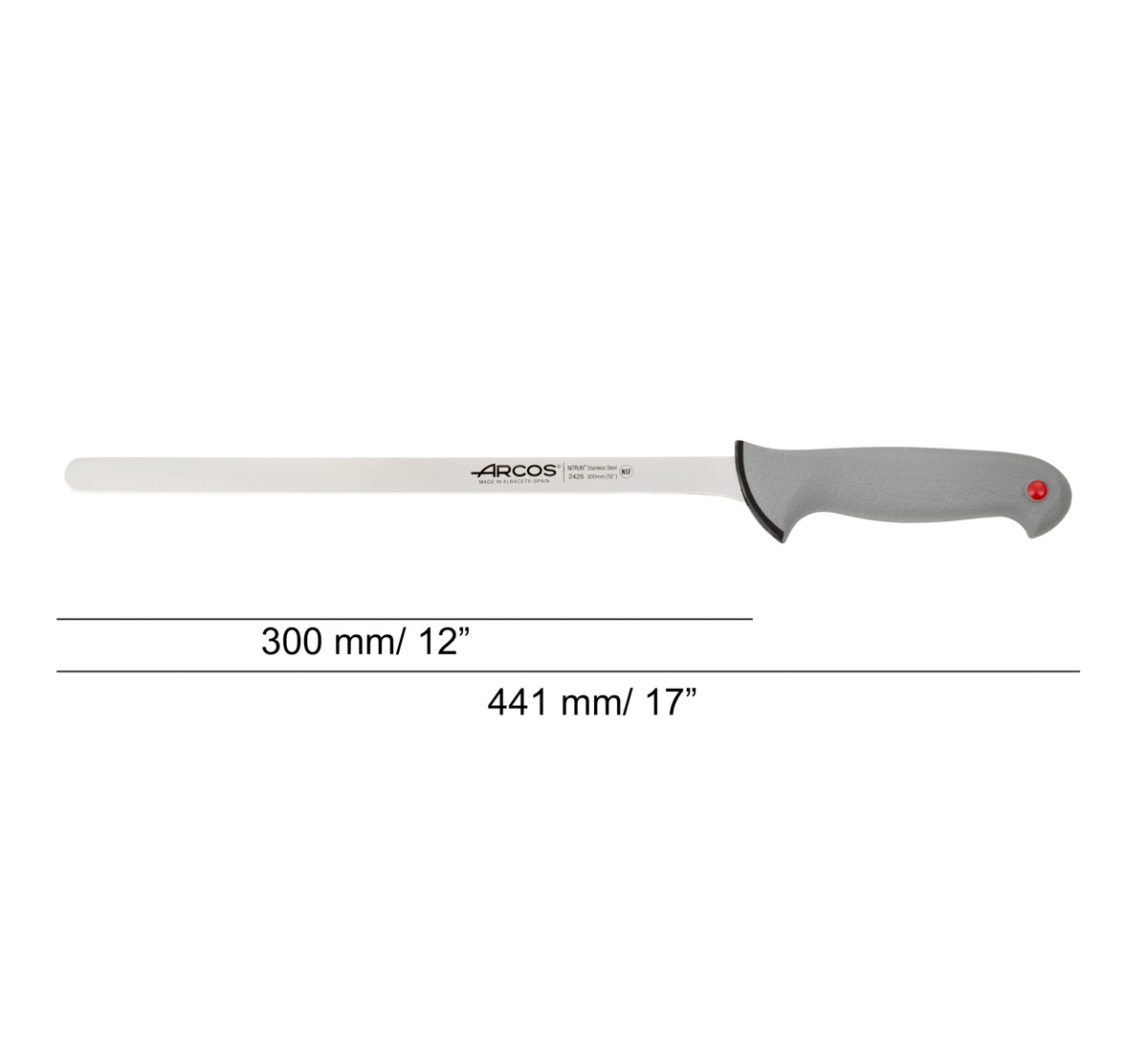 Coltello da prosciutto Arcos a punta tonda con lama da 30 cm e manico grigio a doppia iniezione