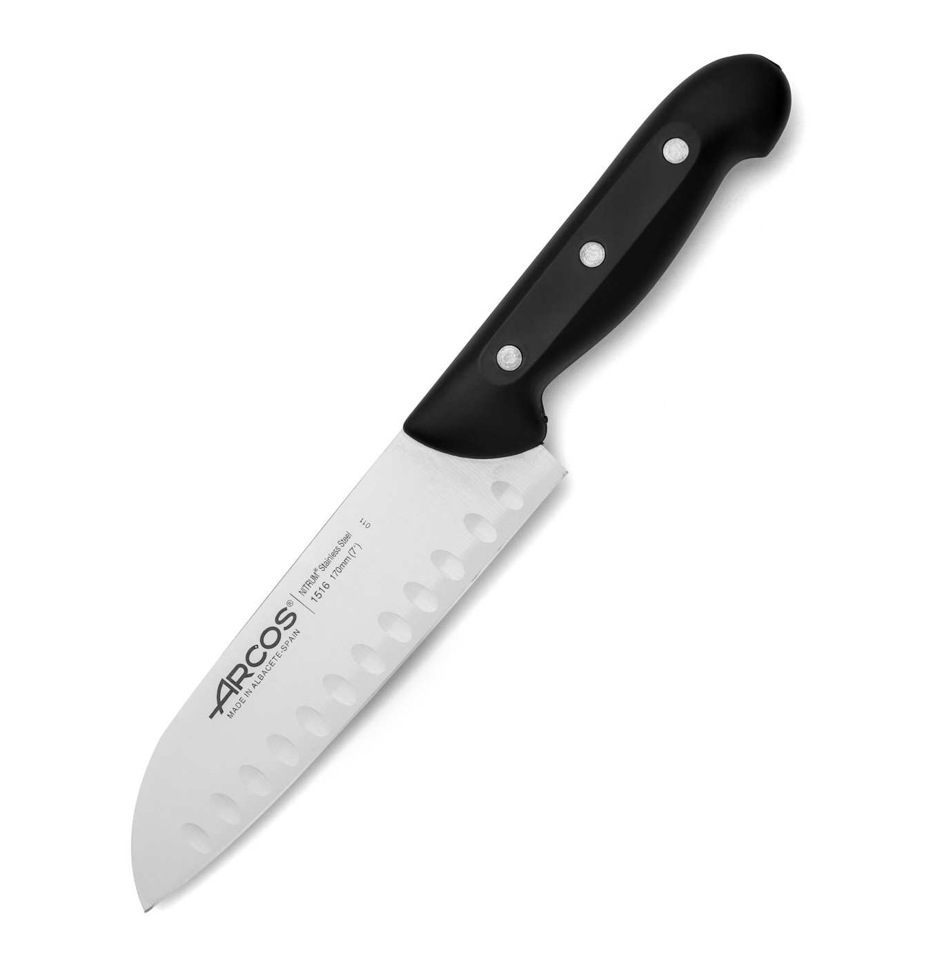 Faca santoku Arcos Maitre com cabo em polipropileno preto e lâmin... Faca santoku Arcos Maitre com cabo em polipropileno preto e lâmin...