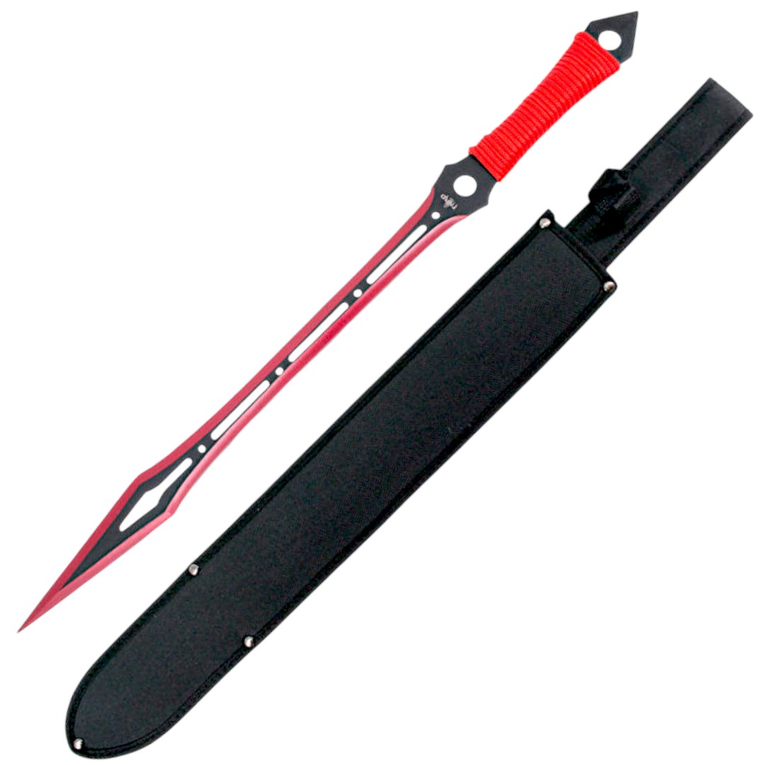Cortacañas con hoja de acero 420 negra y rojo y mango encordado r...
