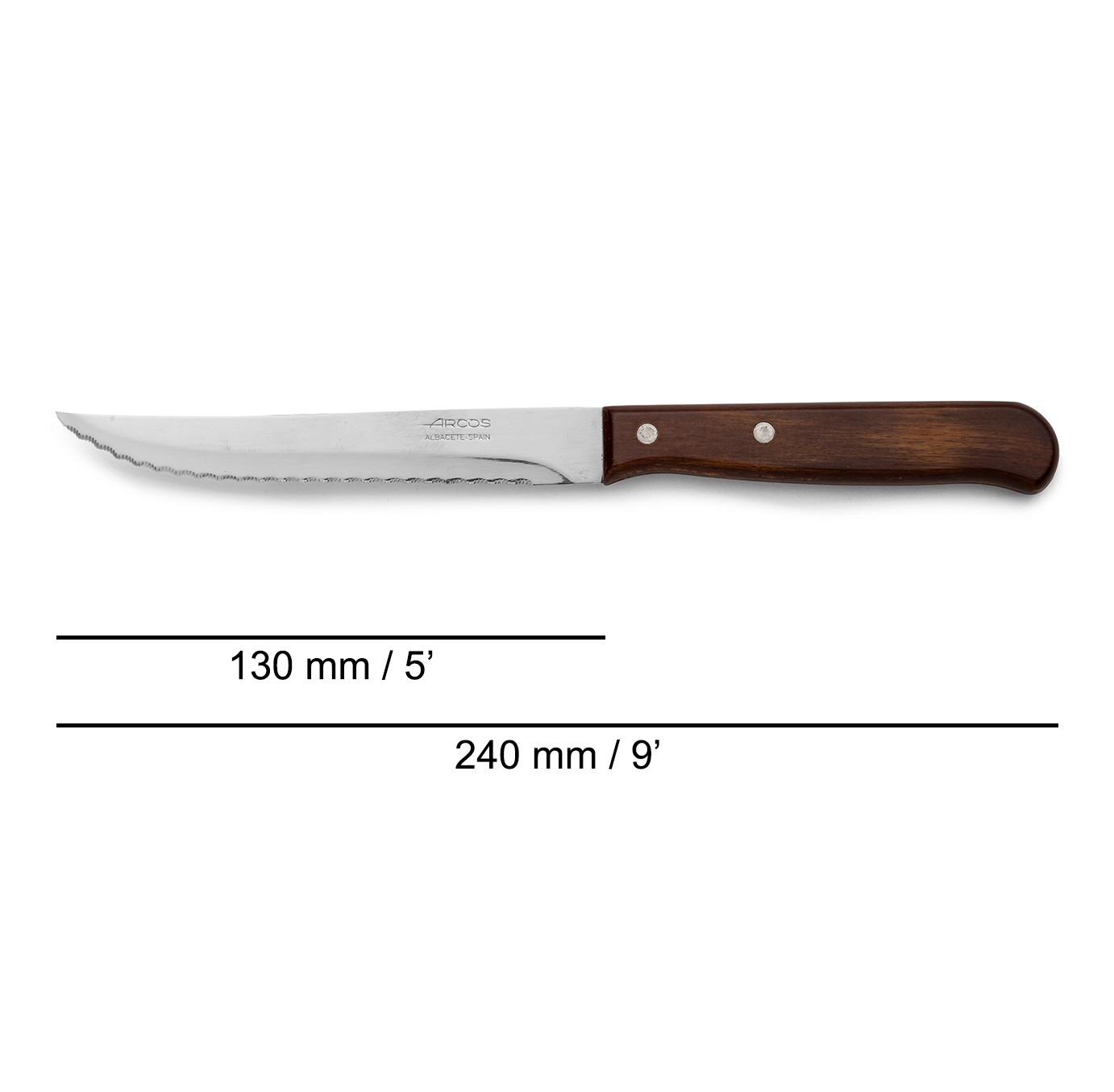 Arcos Latina series kitchen knife with wooden handle and 130 mm serrated blade blister