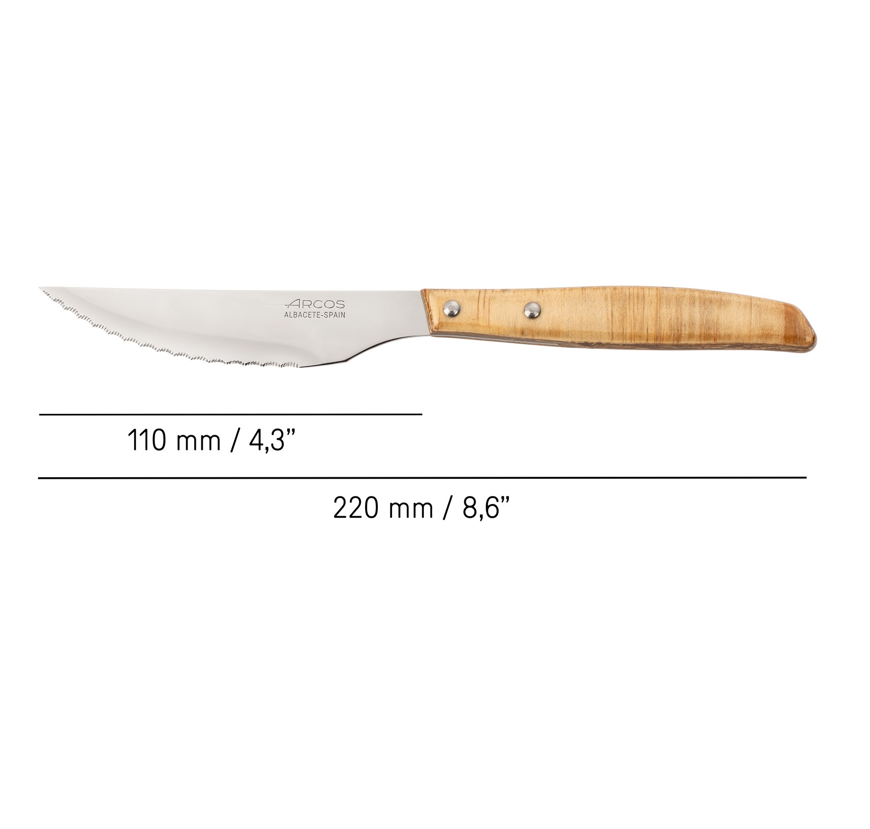 12 Arcos 220mm steak knives with light brown compressed wood handle