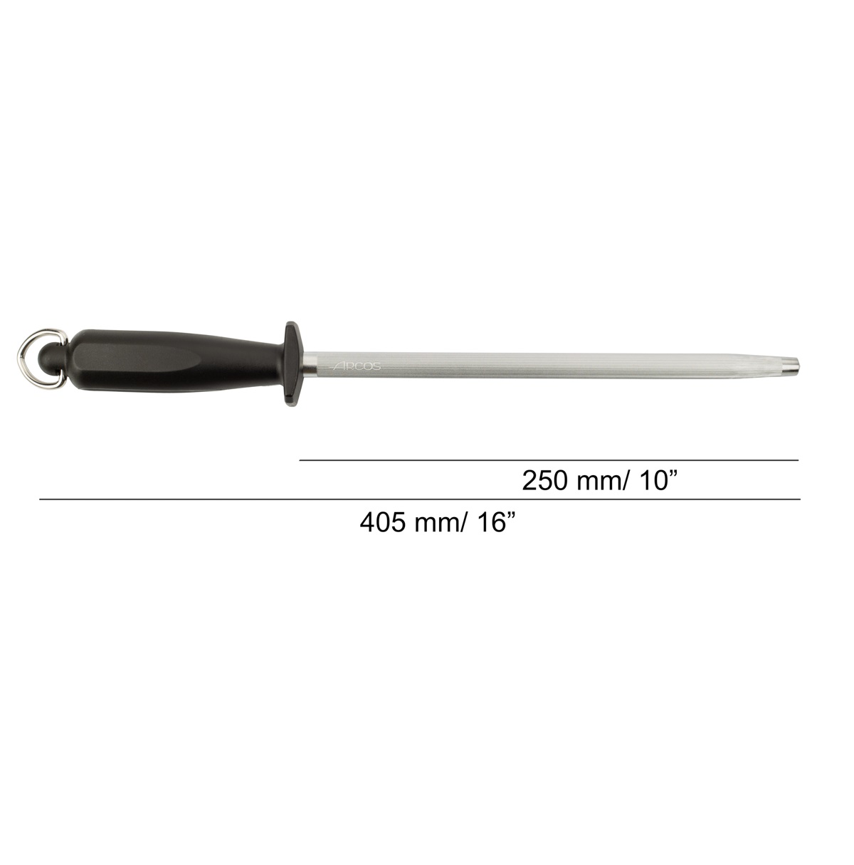 Afilador 250x13 mm acero al carbono cromado Arcos con mango de polipropileno negro y gancho