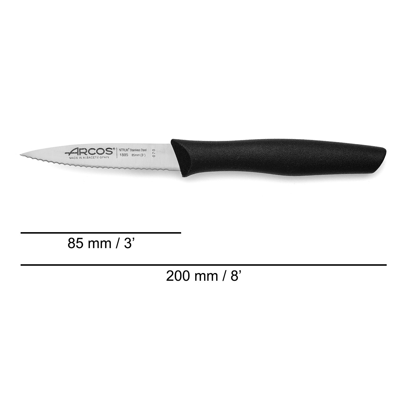 Coltello da cucina Arcos Nova con lama affilata e seghettata da 85 mm, manico in polipropilene nero, 36 unità