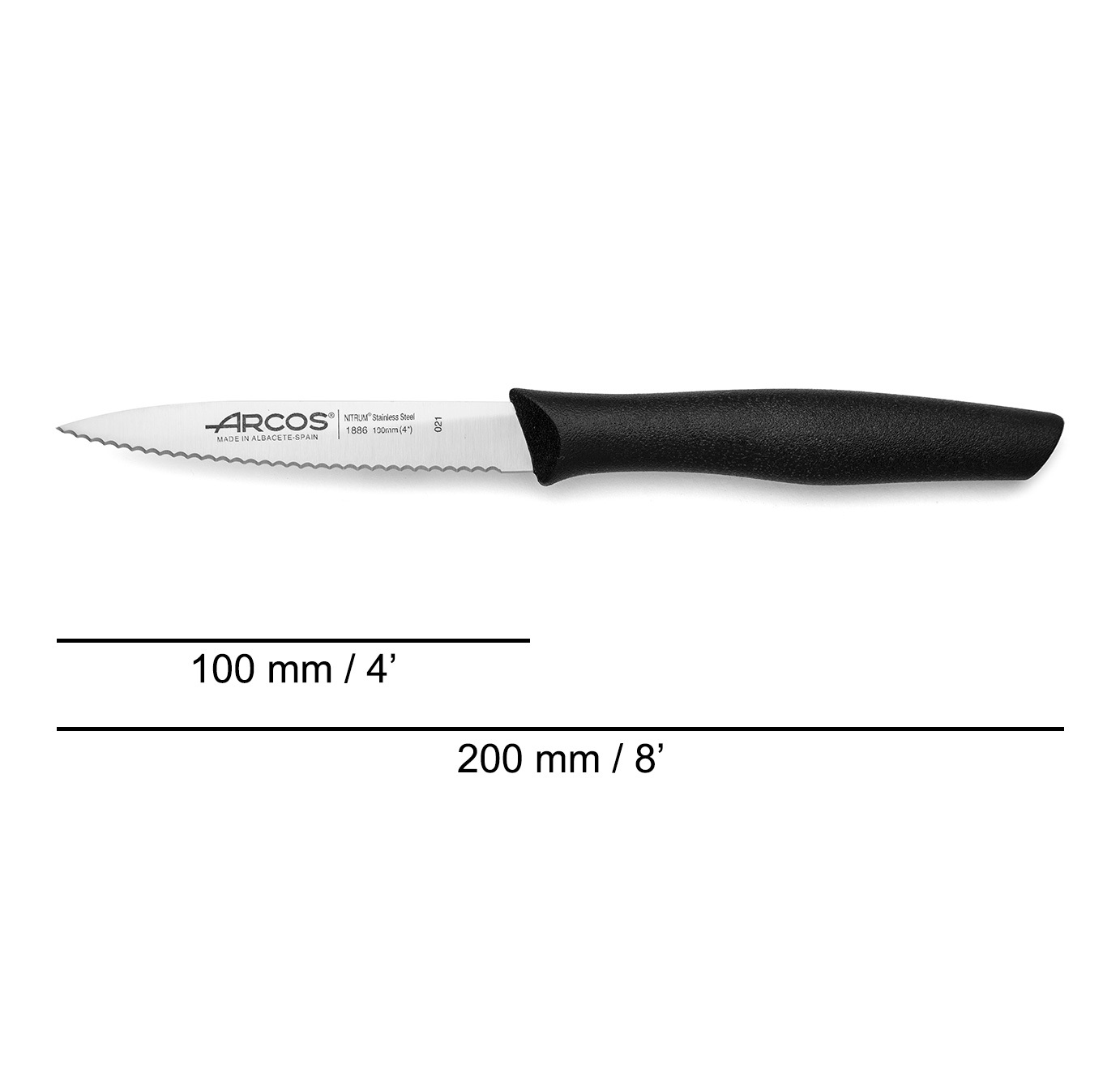 Cuchillo mondador Arcos Nova con hoja puntiaguda y dentada de 100 mm mango polipropileno negro 36 unidades