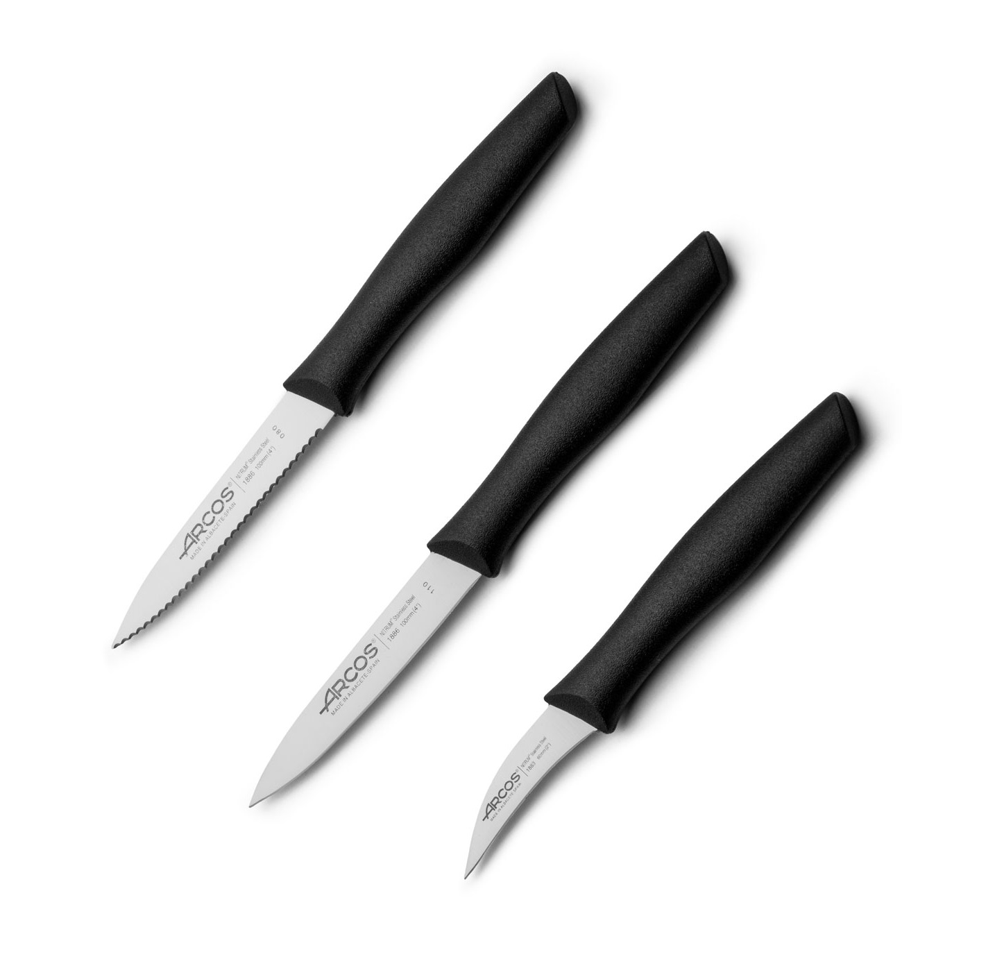 Set 3 cuchillos mondadores Arcos Nova 1 curvo con hoja de 60 mm y uno puntiagudo dentado y uno de filo liso de 100 mm con mango polipropileno negro