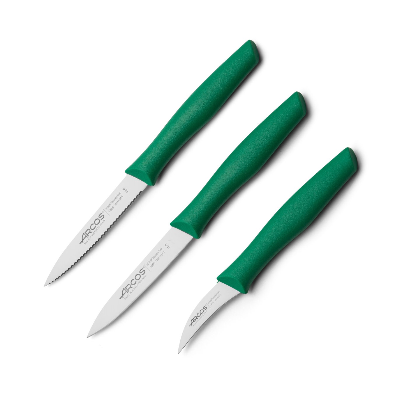 Set 3 cuchillos mondadores Arcos Nova 1 curvo con hoja de 60 mm y uno puntiagudo dentado y uno de filo liso de 100 mm con mango polipropileno verde